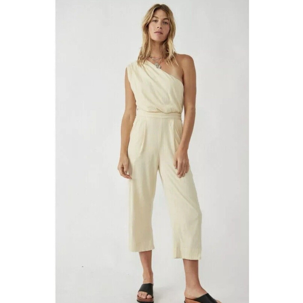 Free People Avery Jumpsuit Size 6 One Shoulder Wide Leg Pocket Cream Color‎